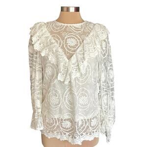 Flying Tomato White Lace Blouse Size M Ruffle Floral Embroidery Cottage Romantic